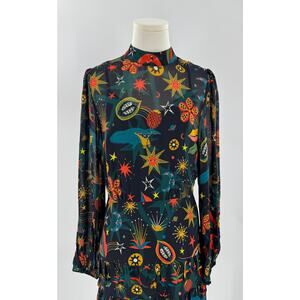 Farm Rio Cerrado Sky Black Dress Star Celestial Whimsy Long Sleeve Mini XS